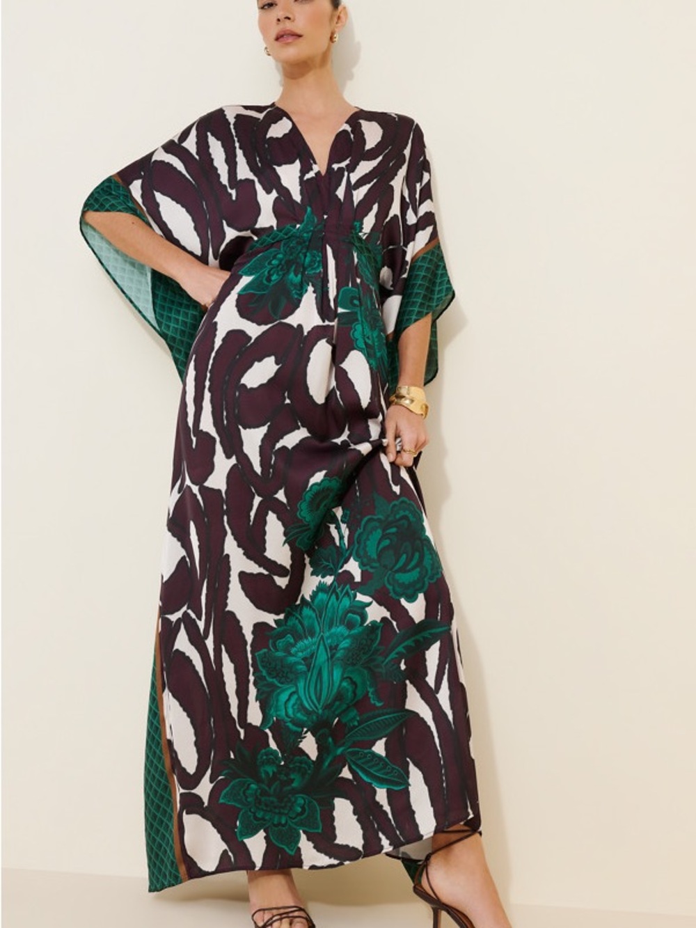 Maxi Kaftan Dress in Dark Green Floral Print